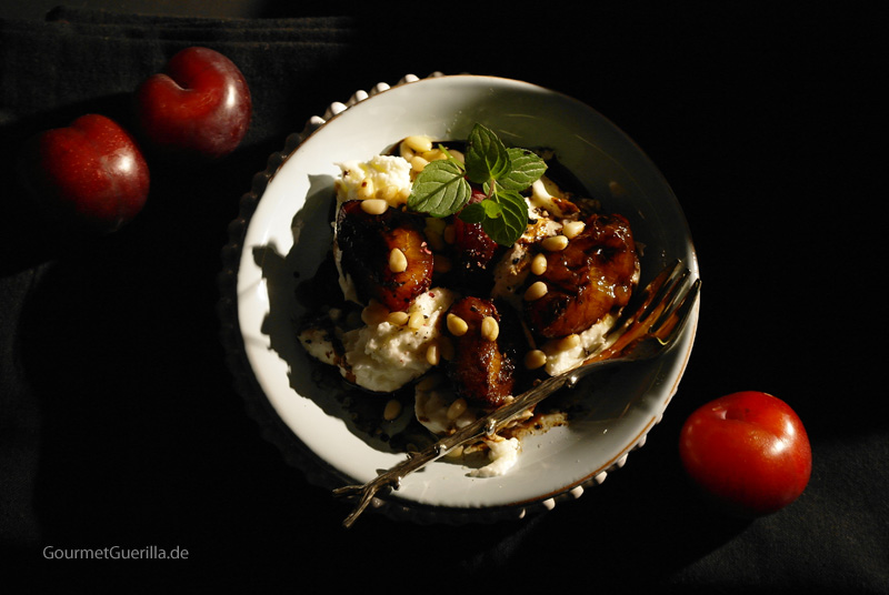 Buffalo mozzarella with glazed prunes and cedar nuts #recipe #gourmet guerrilla