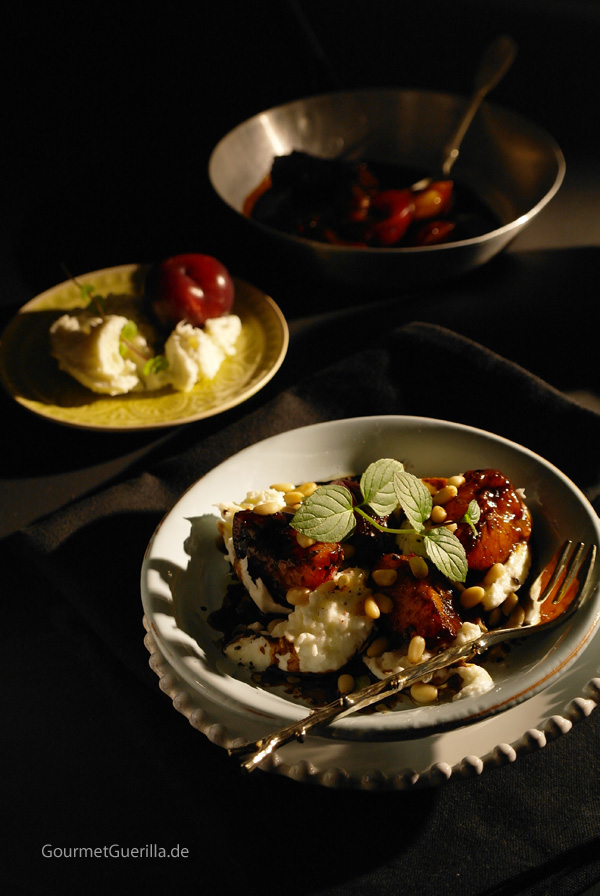 Up on the couch: buffalo mozzarella with glazed prunes and cedar nuts