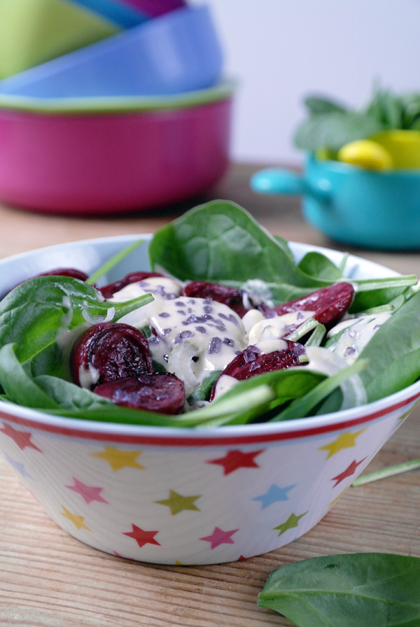 An active rabbi and spinach salad with baby eggplant and sesame dressing